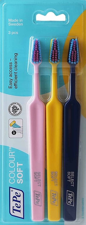 Набор зубных щеток, 3 шт, розовая + желтая + темно-синяя - TePe Colour Soft — фото N1