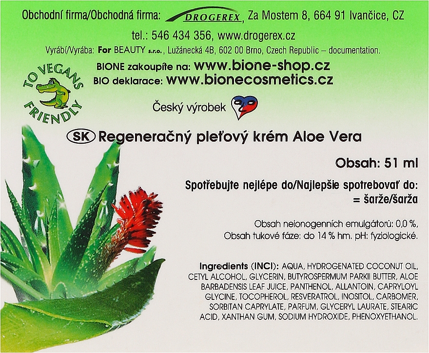 Крем для обличчя відновлювальний  - Bione Cosmetics Aloe Vera Regenerative Facial Cream — фото N3