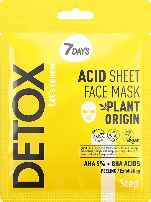 Відлущувальна тканинна маска для обличчя з AHA (5%) і BHA-кислотами - 7 Days Detox — фото N1