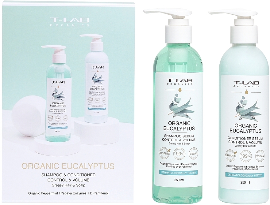 Набор по уходу за жирными волосами - T-Lab Professional Organics Organic Eucalyptus (shm/250ml + cond/250ml)