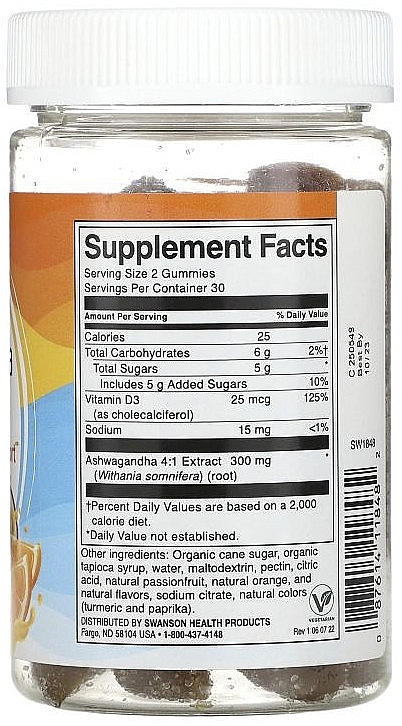 Ашваганда и витамин D, в жевательных таблетках - Swanson Ashwagandha & Vitamin D Passion Fruit-Orange Gummies — фото N2