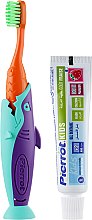 Набор детский "Акула", оранжевый + фиолетовый + бирюзовый + чехол зеленый - Pierrot Kids Sharky Dental Kit (tbrsh/1шт. + tgel/25ml + press/1шт.) — фото N2