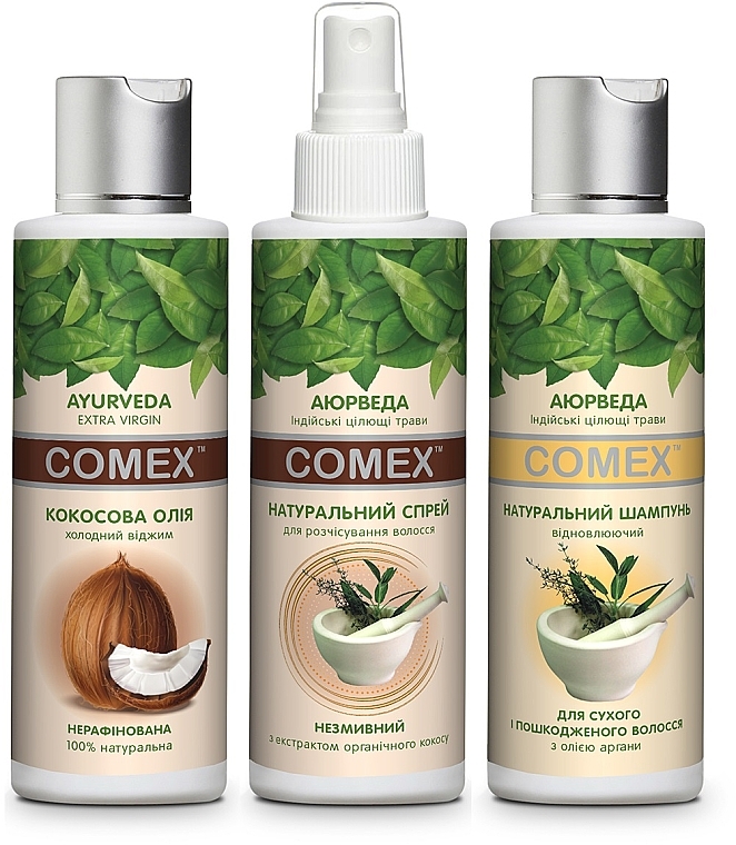 Набір "Догляд за пошкодженим волоссям" - Comex Ayurvedic Natural (shm/150ml + spray/150ml + oil/150ml) — фото N2