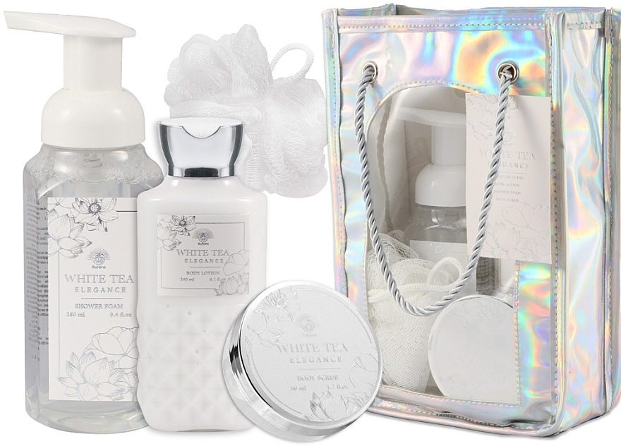 Набор "Белый чай" - Aurora White Tea Elegance (sh/foam/280ml + b/lotion/240ml + b/scrub/50ml + washcloth) — фото N1