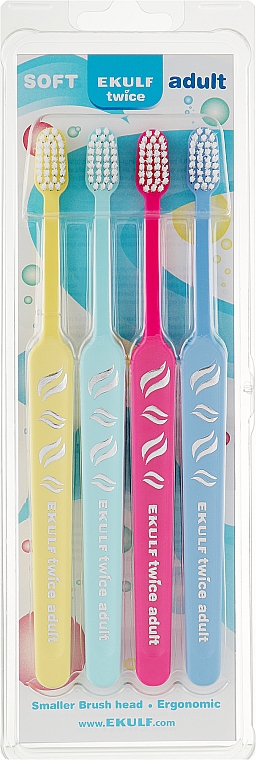 Набор мягких зубных щеток, желтая+голубая+розовая+фиолетовая - Ekulf Twice Adult — фото N1