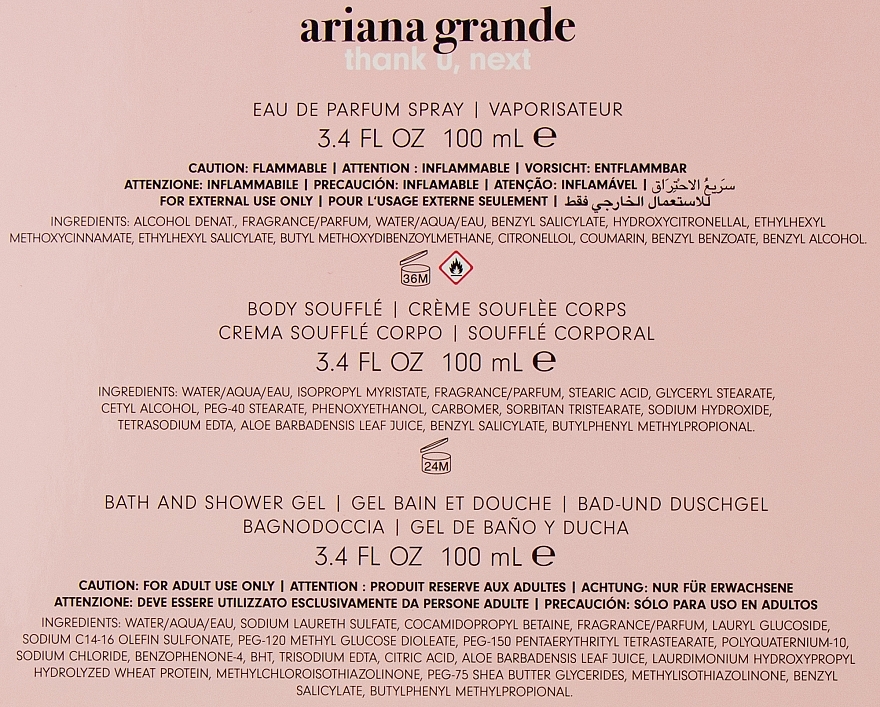 Ariana Grande Thank U, Next - Набір (edp/100ml + b/lot/100ml + sh/gel/100ml) — фото N4