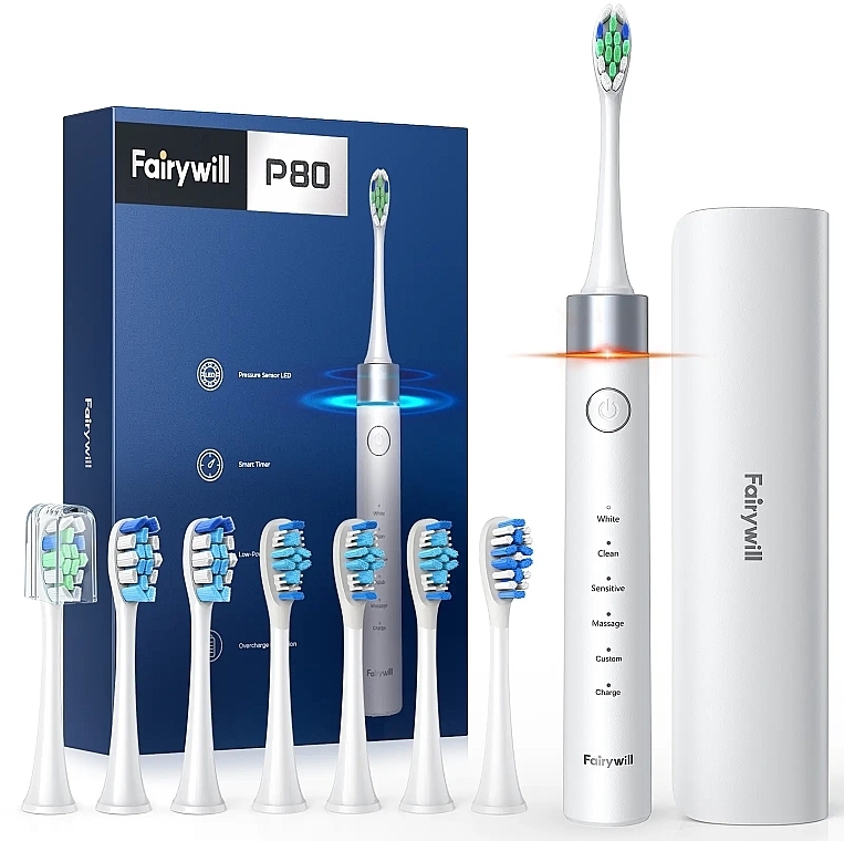 Электрическая зубная щетка, белая - Fairywill P80 White Electric Toothbrush With 8 Bursh Heads & Travel Case — фото N1