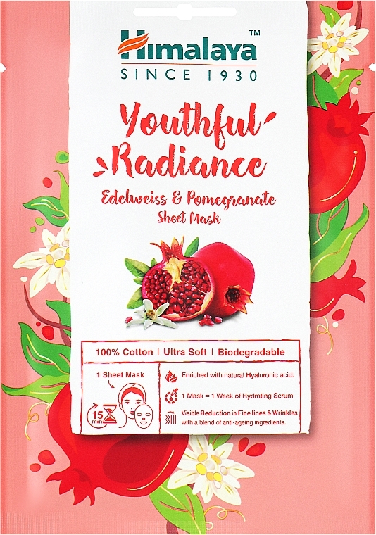 Тканинна маска "Сяйво молодості" з едельвейсом і гранатом - Himalaya Herbals Youthful Radiance Edelweiss & Pomegranate Sheet Mask — фото N1
