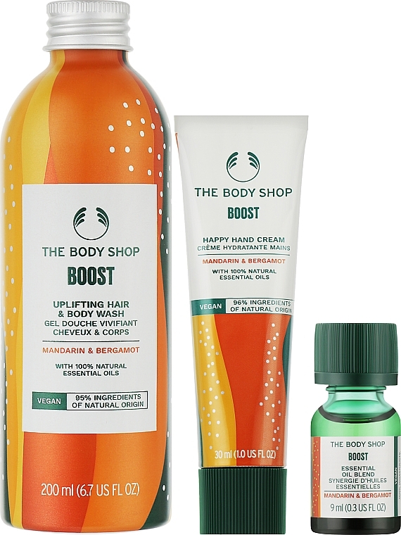 Набор - The Body Shop Mandarin & Bergamot Vegan Boost (gel /200ml + oil /9ml + h/cr/30ml) — фото N2
