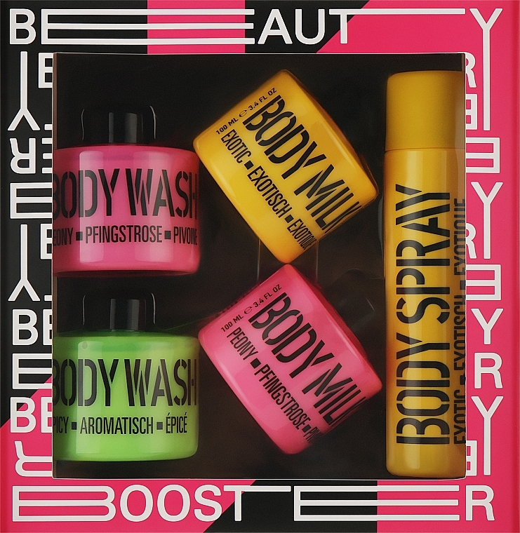 Набір "Рожева півонія, екзотичний жовтий і пікантний лайм" - Mades Cosmetics Beauty Booster (sh/gel/2x100ml + b/ilk/2x100ml + b/spray/100ml) — фото N1