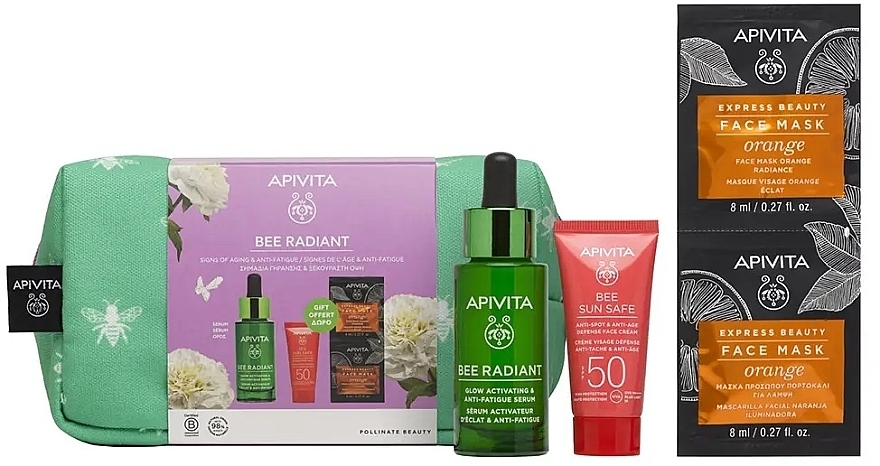 Набір - Apivita Bee Radiant (ser/30ml + f/cr/15ml + mask/2x8ml + pouch) — фото N1