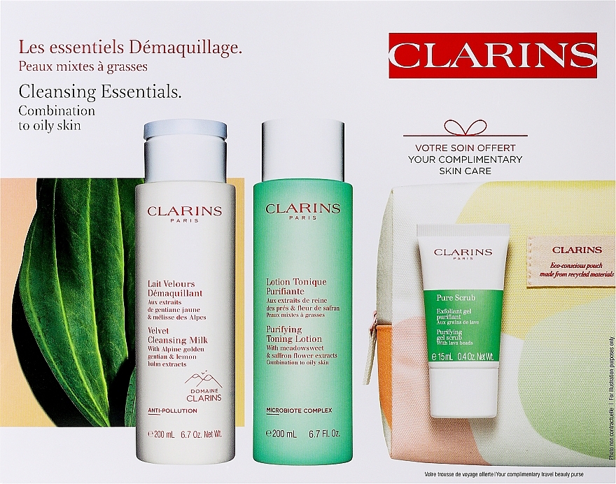 Набор - Clarins Cleansing Bag Combination & Oily Skin (cl milk/200ml + f/lot/200ml + f/scr/15ml + bag/1pc) — фото N1