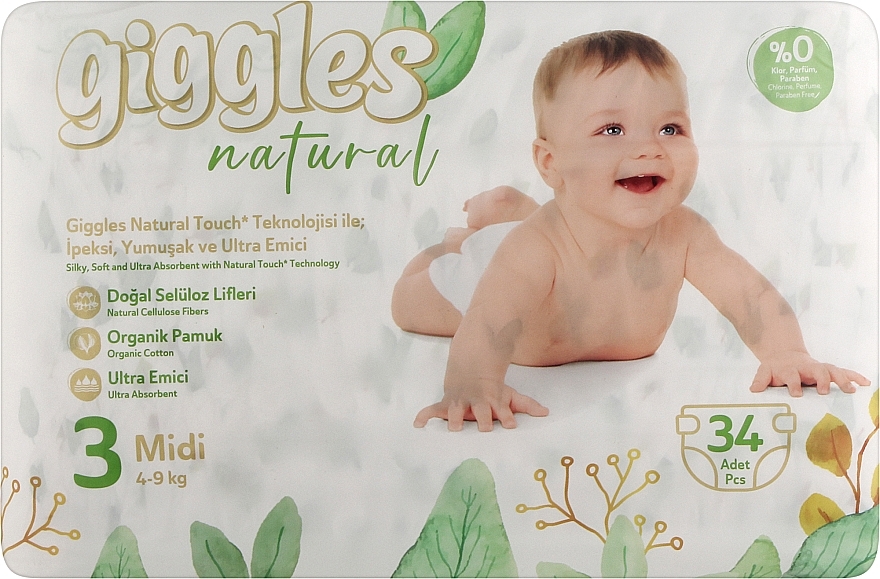 Подгузники детские Natural 3 Midi (4-9 кг), 34 шт. - Giggles