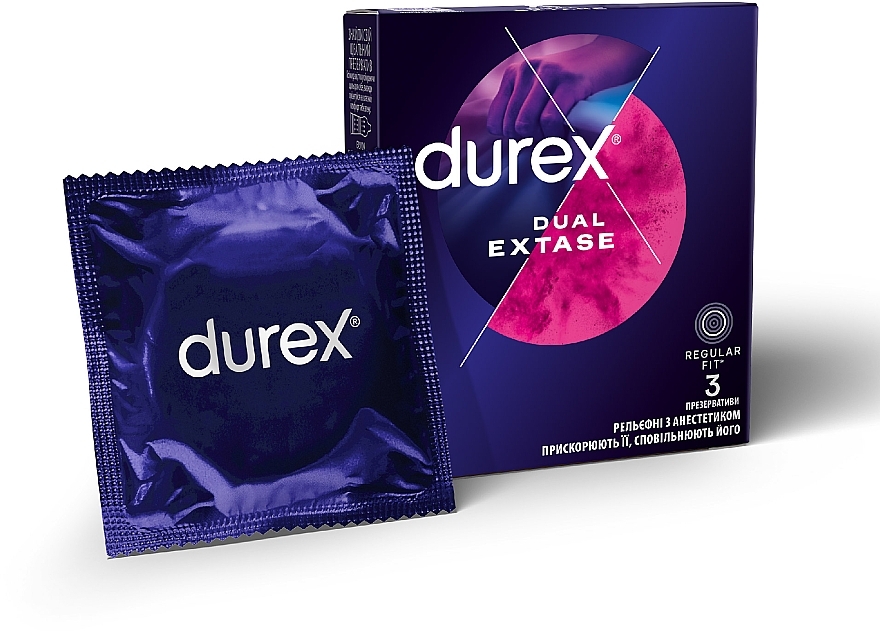 Презервативи латексні з силіконовою змазкою, рельєфні з анестетиком, 3 шт - Durex Dual Extase