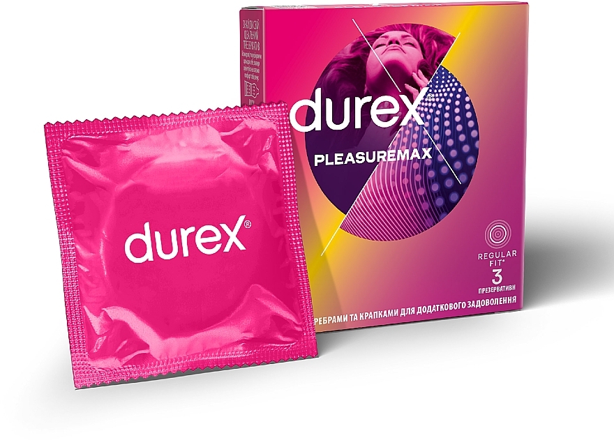 Презервативы латексные с силиконовой смазкой с ребрами и точками, 3 шт - Durex Pleasuremax — фото N2
