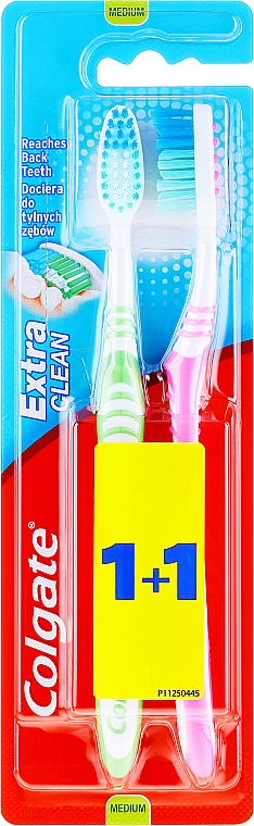 Зубная щетка средней жесткости "Extra Clean", зеленая + розовая - Colgate Extra Clean Medium — фото N1