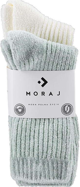 Теплі жіночі шкарпетки із синелі з довгими смужками, зелені + білі - Moraj — фото N1