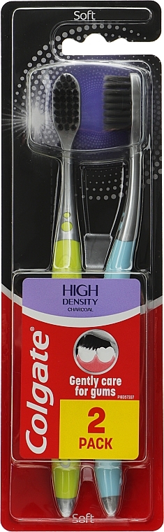 Набор зубных щеток, мягкие, салатовая + голубая - Colgate High Density Charcoal — фото N1