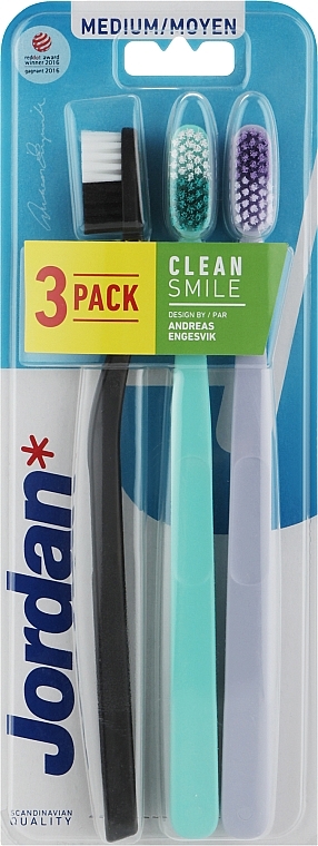 Зубная щетка средняя, бирюзовая, сиреневая, черная - Jordan Clean Smile Medium — фото N1
