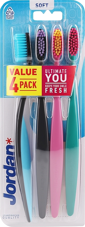 Зубная щетка мягкая, 4 шт, черные + розовая + бирюзовая - Jordan Ultimate You Soft Toothbrush — фото N1