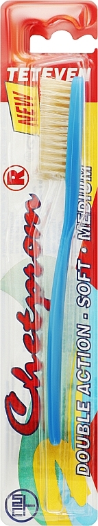 Зубная щетка с натуральной щетиной №52, синяя - Chetprom Double Action Soft Medium — фото N1