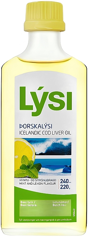 Омега-3 рыбий жир из печени трески с витаминами А+ Д+ Е - Lysi Icelandic Cod Liver Oil Mint & Lemon Flavor (стеклянная бутылка) — фото N2