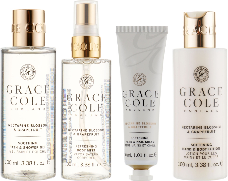 Набір "Нектарин і грейпфрут" - Grace Cole Nectarine Blossom & Grapefruit Travel Set (hand/cr/30ml + sh/gel/100ml + b/lot/100ml + b/spay/100ml) — фото N2