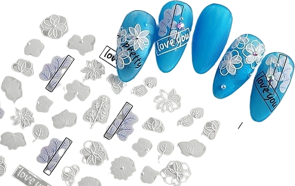 Наклейки для ногтей самоклеящиеся 5D, белые цветы - Deni Carte — фото N1