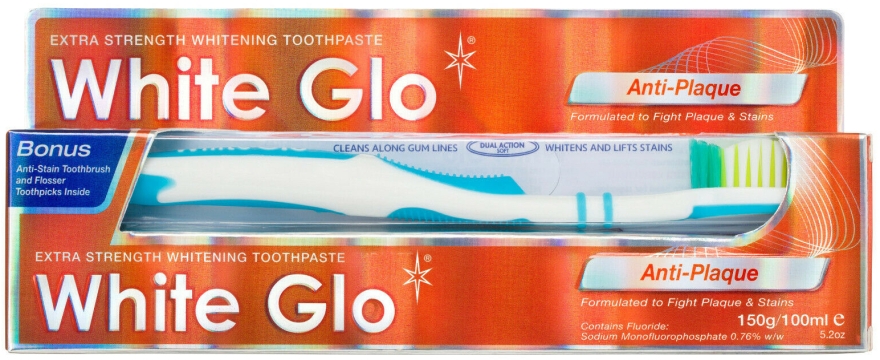 Набір "Зубний наліт" з біло-блакитною щіткою - White Glo Anti-Plaque (t/paste/100ml + t/brush/1 + dental/flosser/1) — фото N1