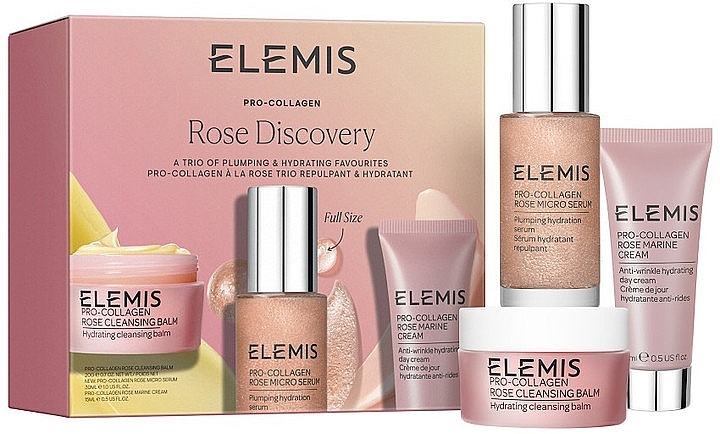 Набор трио фаворитов для наполнения и увлажнения кожи с розой - Elemis Pro-Collagen Rose Discovery (ser/30ml+cr/15ml+balm/20g) — фото N1