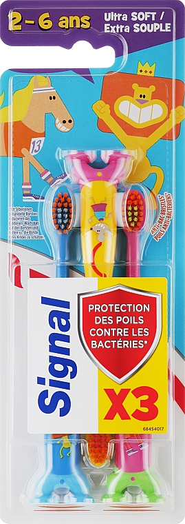 Набір дитячих зубних щіток, жовта + рожева + блакитна - Signal Kids Tripack