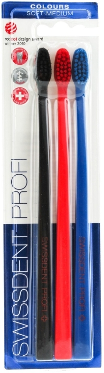 Набір зубних щіток, середньо-м'яких, чорна/чорна+червоний/червона+синя/синя - SWISSDENT Profi Soft Colours-Medium — фото N1