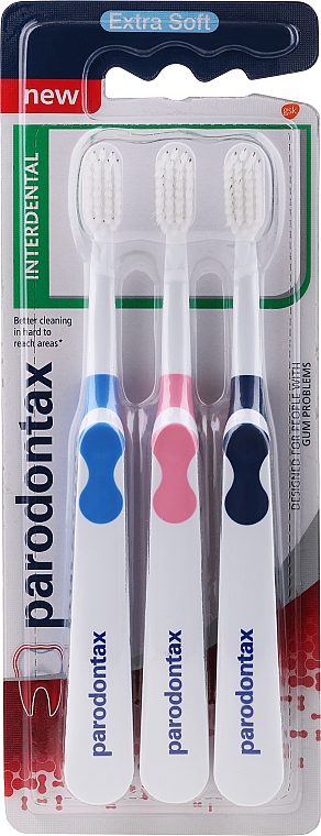 Набір зубних щіток, екстрам'які, синя + червона + блакитна - Parodontax Interdental Extra Soft — фото N1