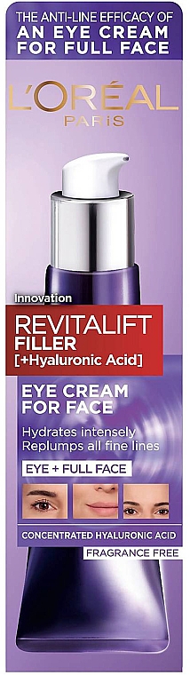 Антивозрастной крем для лица с гиалуроновой кислотой - L'Oreal Paris Revitalift Filler [+Hyaluronic Acid] Eye Cream For Face — фото N1