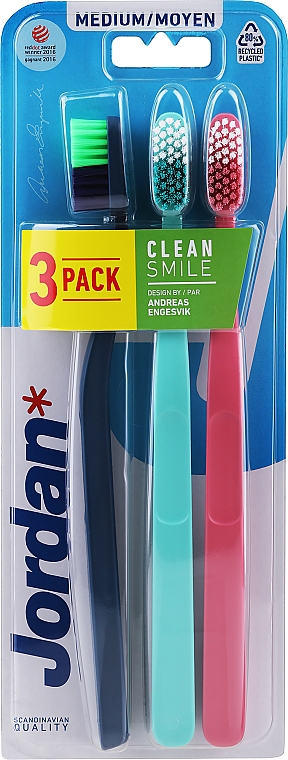 Зубна щітка середня, темно-синя, м'ятна, рожева - Jordan Clean Smile Medium — фото N1