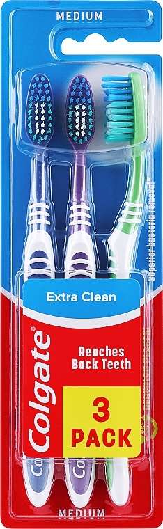 Зубная щетка, средняя, зеленая + фиолетовая + темно-синяя - Colgate Extra Clean Medium — фото N1