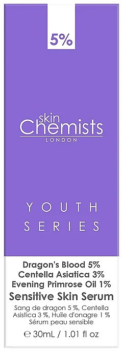 Сироватка для обличчя - Skin Chemists Youth Series Dragon's Blood 5%, Centella Asistica 3%, Evening Primrose Oil 1% Sensitive Skin Serum — фото N3