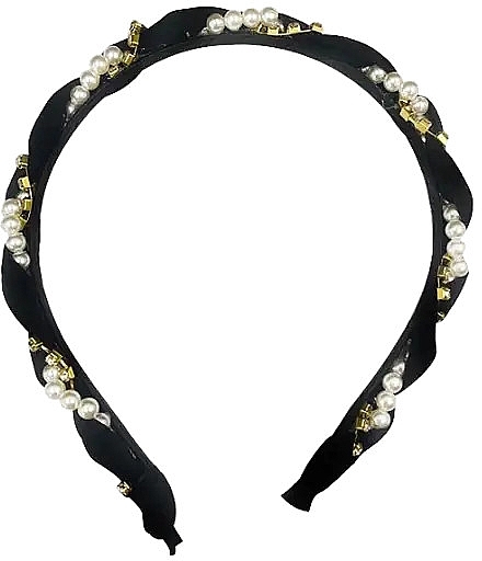 Обруч для волосся декоративний плетений з перлами, чорний - Ecarla