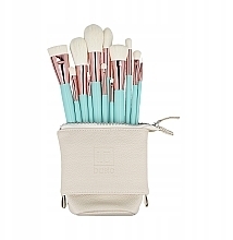 Парфумерія, косметика Набір з 12 бірюзових пензлів для макіяжу в білому чохлі - ILU Basic Mu Turquoise Makeup Brush Set