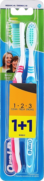 Набор зубных щеток (средняя, розовая + синяя) - Oral-B 1 2 3 Natural Fresh 40 Medium 1 + 1 — фото N1