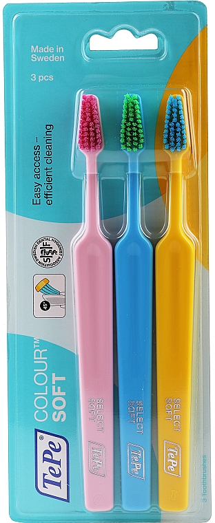 Набір зубних щіток, 3 шт., рожева+блакитна+жовта - TePe Colour Soft — фото N1