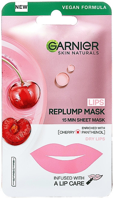 Тканевая маска для увлажнения и восстановления сухой кожи губ с экстрактом вишни и провитамином В5 - Garnier Skin Naturals
