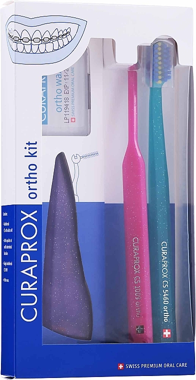 Набор, вариант 15 (фиолетовый, малиновый, бирюзовый) - Curaprox Ortho Kit (brush/1pcs + brushes 07,14,18/3pcs + UHS/1pcs + orthod/wax/1pcs + box) — фото N1