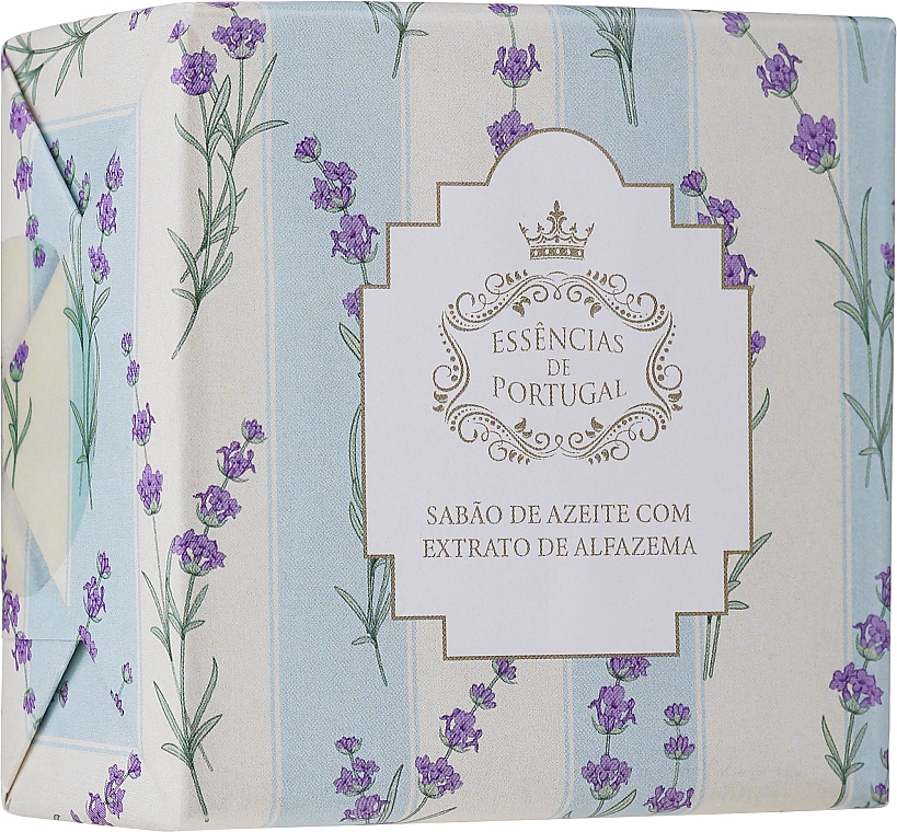 Мыло с оливковым маслом и экстрактом лаванды, полосатая коробочка с цветами - Essencias De Portugal Olive Oil Lavender Hand Soap — фото N1