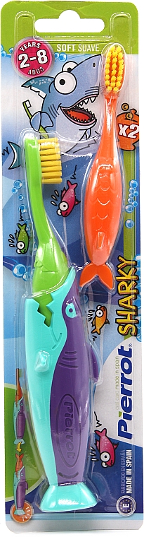 Дитяча зубна щітка "Акула №2", салатова + помаранчева, бірюзово-фіолетова - Pierrot Kids Sharky Soft