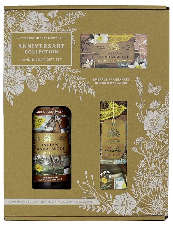 Набір - The English Soap Company Anniversary Collection Indian Sandalwood Hand And Body Gift Box (soap/190g + h/cr/75ml + h/wash/500ml) — фото N1