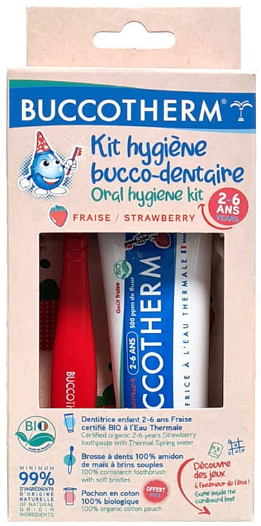 Набір для гігієни ротової порожнини еко «Мій перший», Полуниця, 2-6 років - Buccotherm ( organic oral/gel/50ml + toothbrush/1pc + pouch/1pc) — фото N1