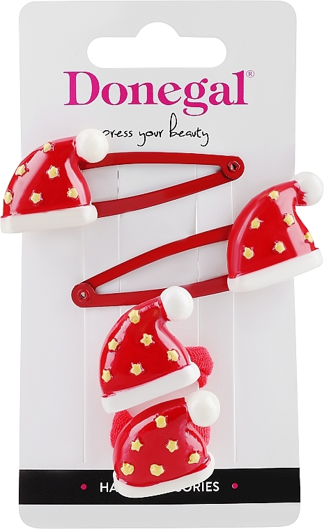 Набор заколок и резинок "Новогодний", FA-5743, красные шапочки со звездами - Donegal — фото N1