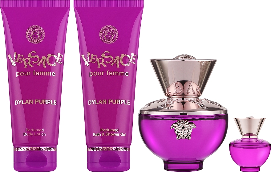 Versace Dylan Purple - Набор (edp/100 ml + edp/5 ml + sh/gel/100 ml + b/lot/100 ml) — фото N1