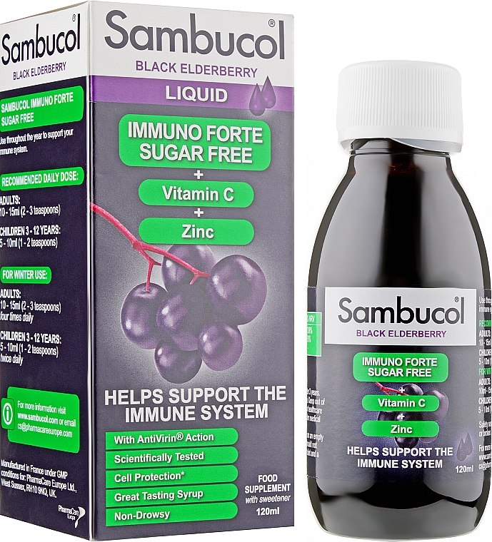 Сироп для иммунитета "Черная бузина + Витамин С + Цинк" без сахара - Sambucol Immuno Forte Sugar Free — фото N2